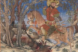 essay bahram gur fights the horned wolf folio from the great ilkhanid shahnama